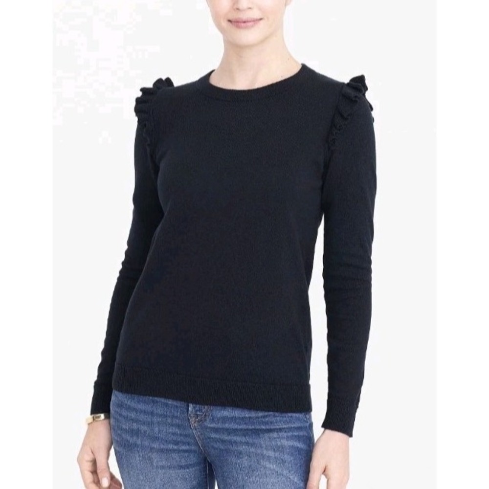 J Crew Ruffle Shoulder Pullover Sweater‎ Womens XS Black Feminine Preppy Capsule